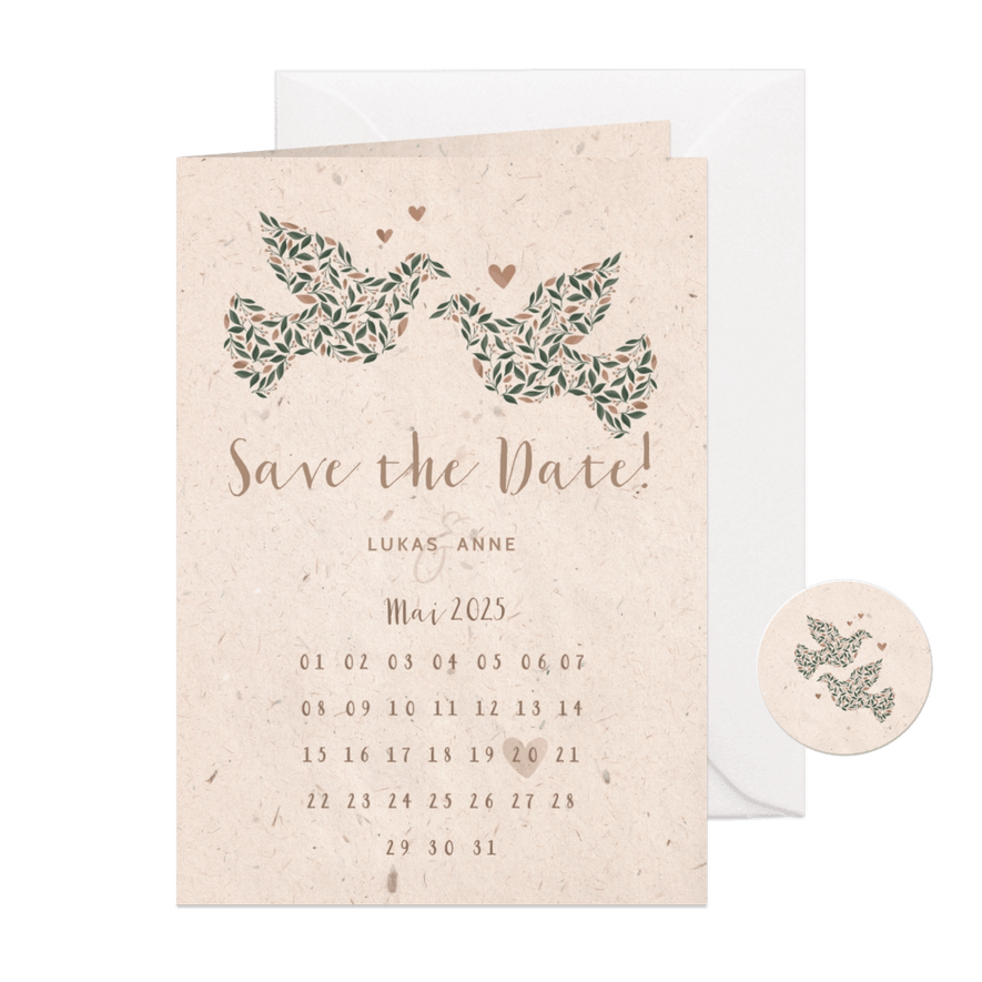 Save-the-Date-Karte mit Tauben & Kalender natürlicher Look - Karteneindruck
