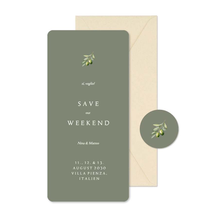 Save-the-Date Karte Olivenzweig Auslandshochzeit Weekend - Kartenvorschau