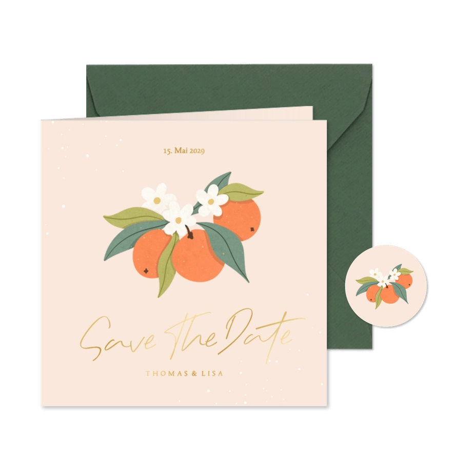 Save-the-Date-Karte Orangenblüten - Karteneindruck
