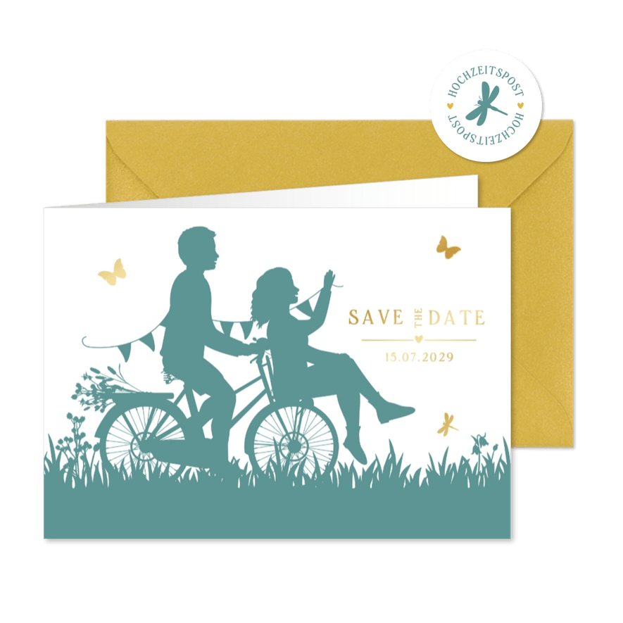 Save-the-Date Karte Paar Scherenschnitt Fahrrad - Karteneindruck