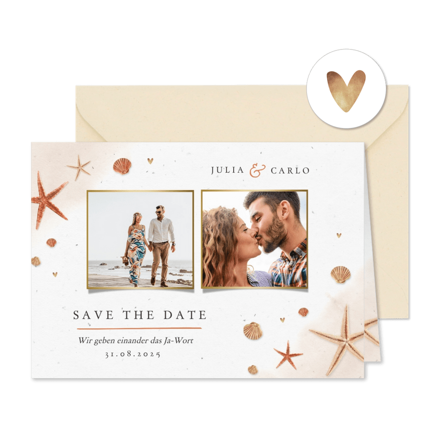 Save-the-Date-Karte Seesterne, Muscheln und eigene Fotos - Karteneindruck
