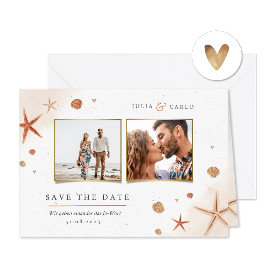 Save-the-Date-Karte Seesterne, Muscheln und eigene Fotos - Karteneindruck
