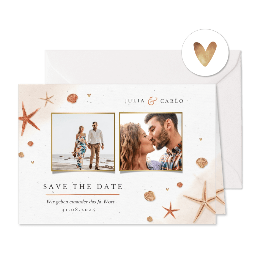 Save-the-Date-Karte Seesterne, Muscheln und eigene Fotos - Karteneindruck
