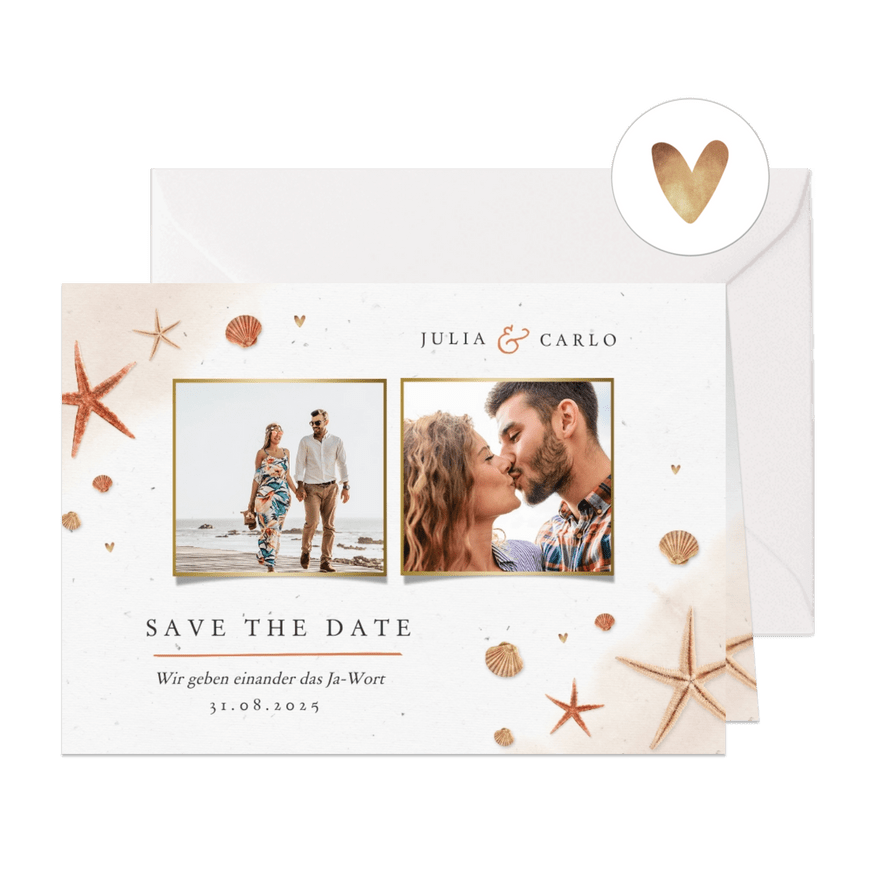 Save-the-Date-Karte Seesterne, Muscheln und eigene Fotos - Karteneindruck
