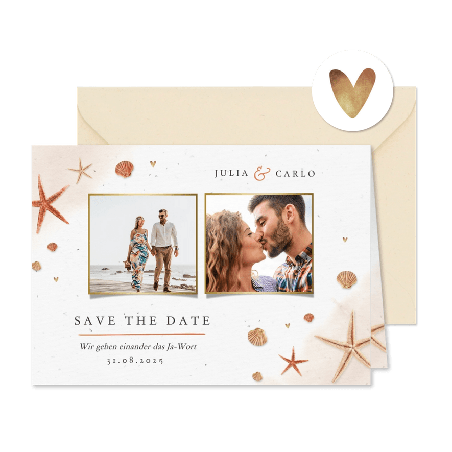 Save-the-Date-Karte Seesterne, Muscheln und eigene Fotos - Karteneindruck