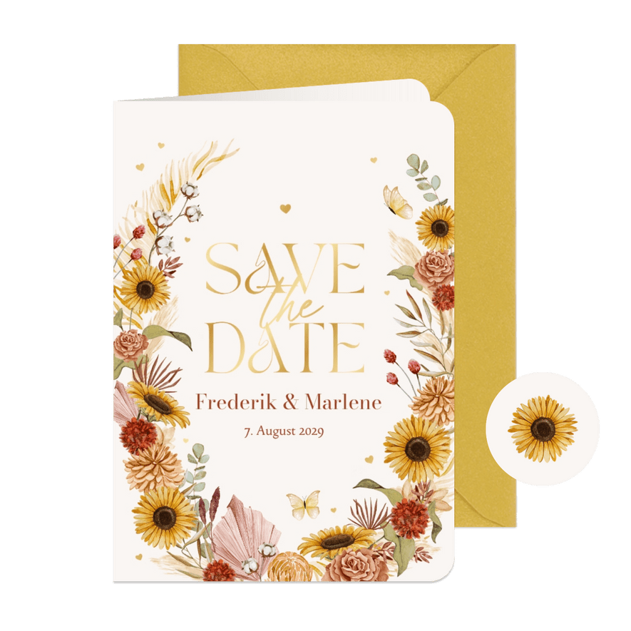 Save-The-Date-Karte Sommerblumen & Gold - Karteneindruck
