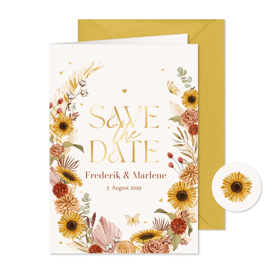 Save-The-Date-Karte Sommerblumen & Gold - Karteneindruck

