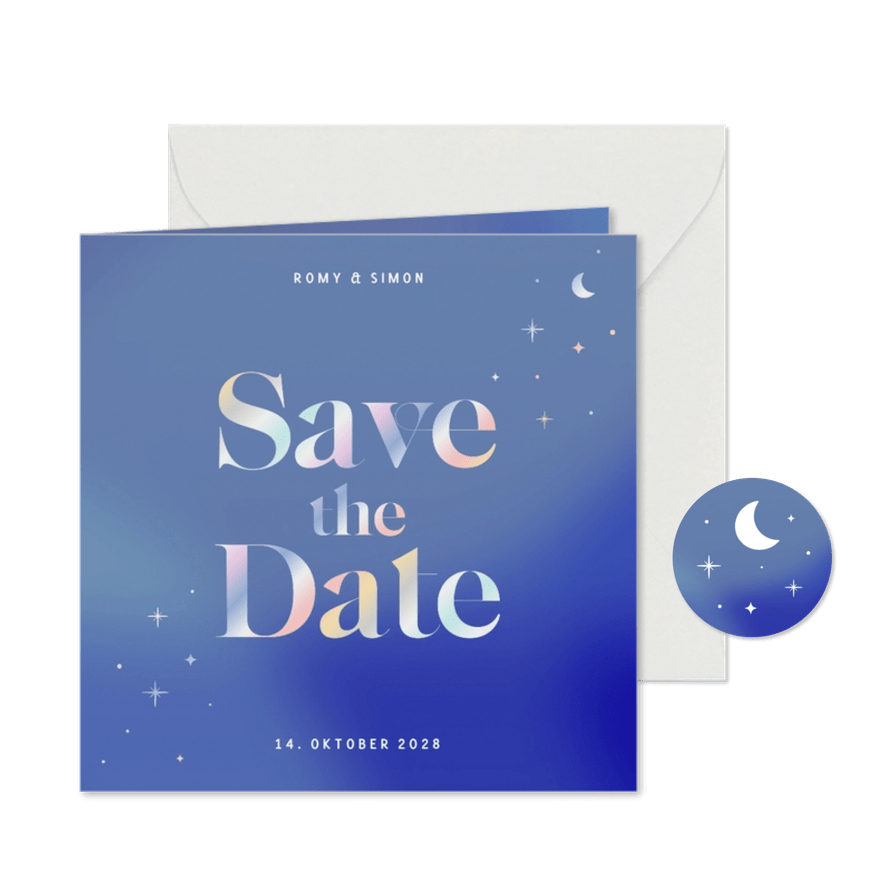 Save the Date Karte Sterne & Schriftzug holografisch - Karteneindruck