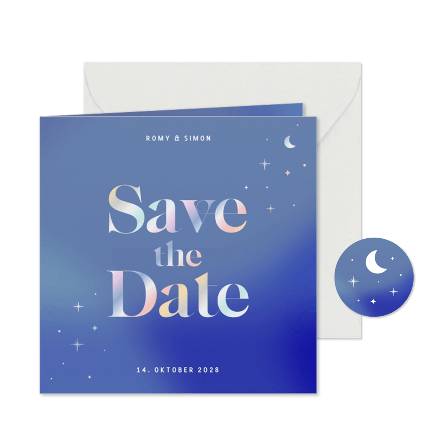 Save the Date Karte Sterne & Schriftzug holografisch - Karteneindruck