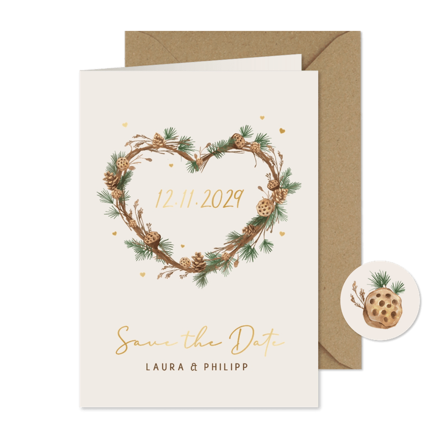 Save-the-Date-Karte Tannenzweige Herz Winterhochzeit - Karteneindruck
