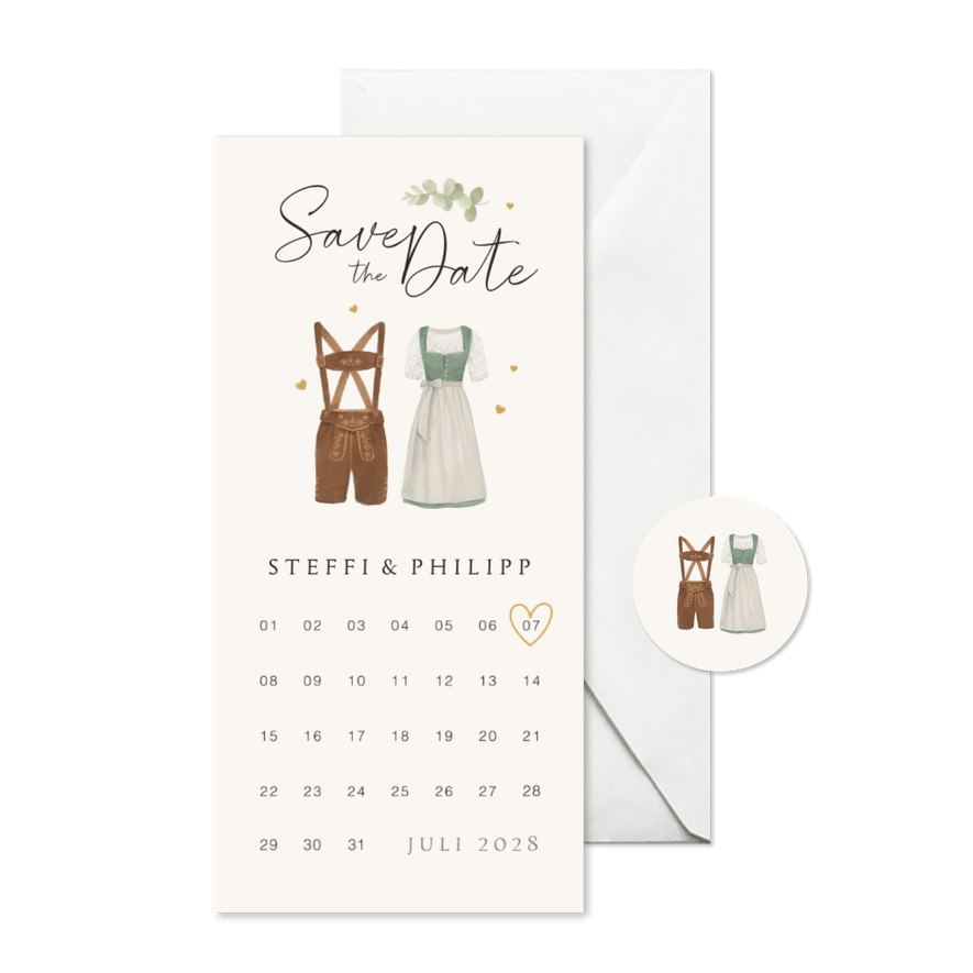 Save-the-Date-Karte Trachtenhochzeit Dirndl & Lederhose - Karteneindruck
