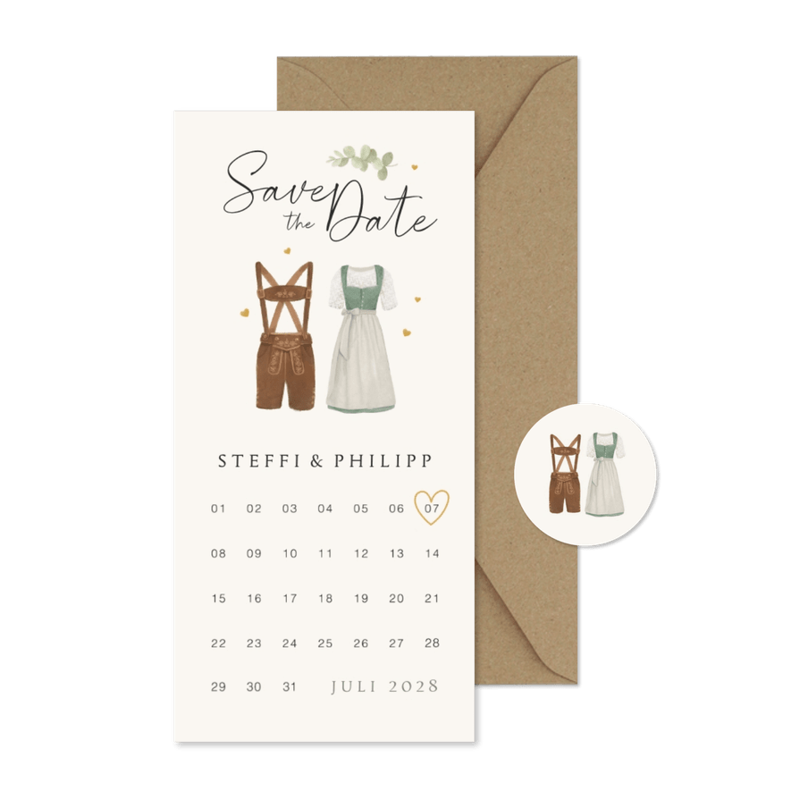 Save-the-Date-Karte Trachtenhochzeit Dirndl & Lederhose - Kartenvorschau
