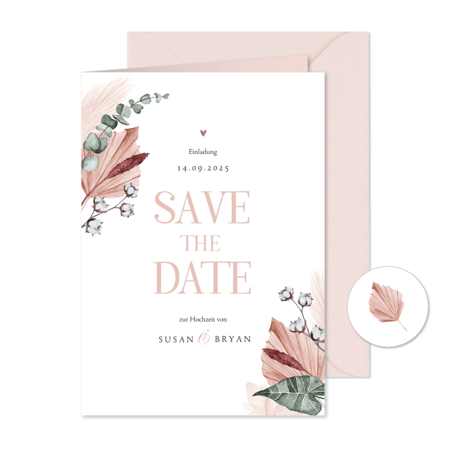 Save-the-Date-Karte Trockenblumen stilvoll Foto innen - Karteneindruck