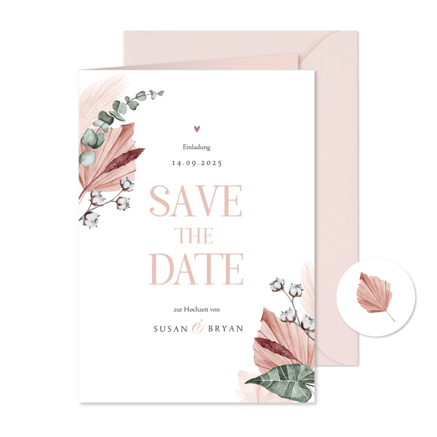 Save-the-Date-Karte Trockenblumen stilvoll Foto innen - Karteneindruck