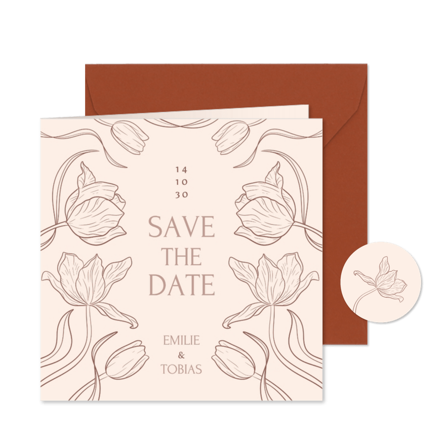 Save The Date Karte Tulpen Linienzeichnung Beige Hochzeit - Karteneindruck