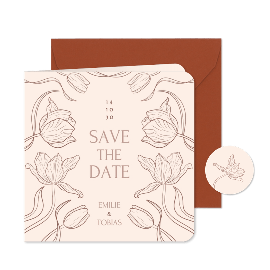 Save The Date Karte Tulpen Linienzeichnung Beige Hochzeit - Kartenvorschau
