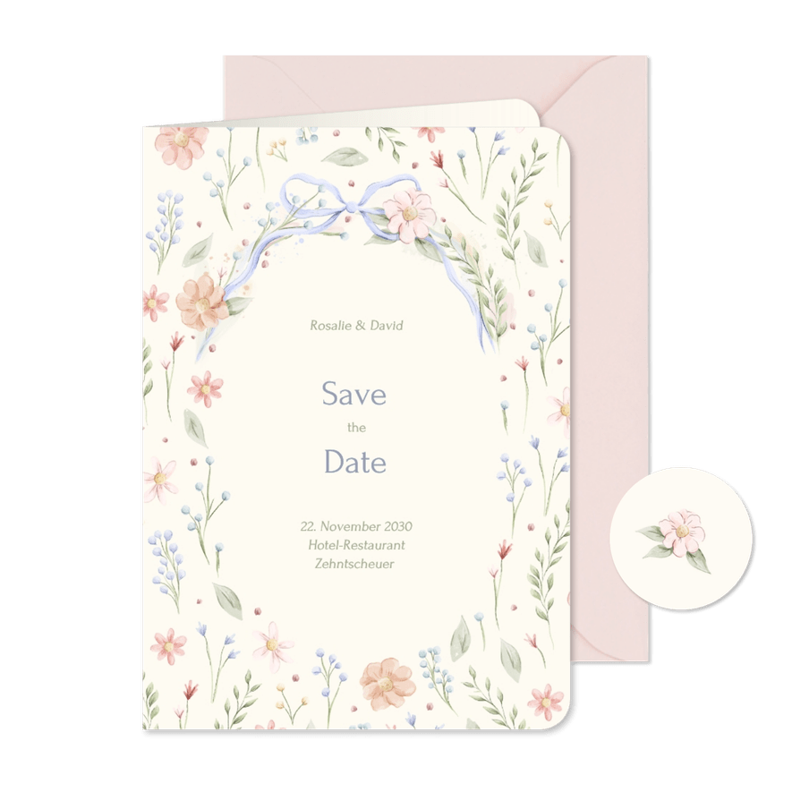 Save the Date Karte vintage Blumen und Schleife - Karteneindruck
