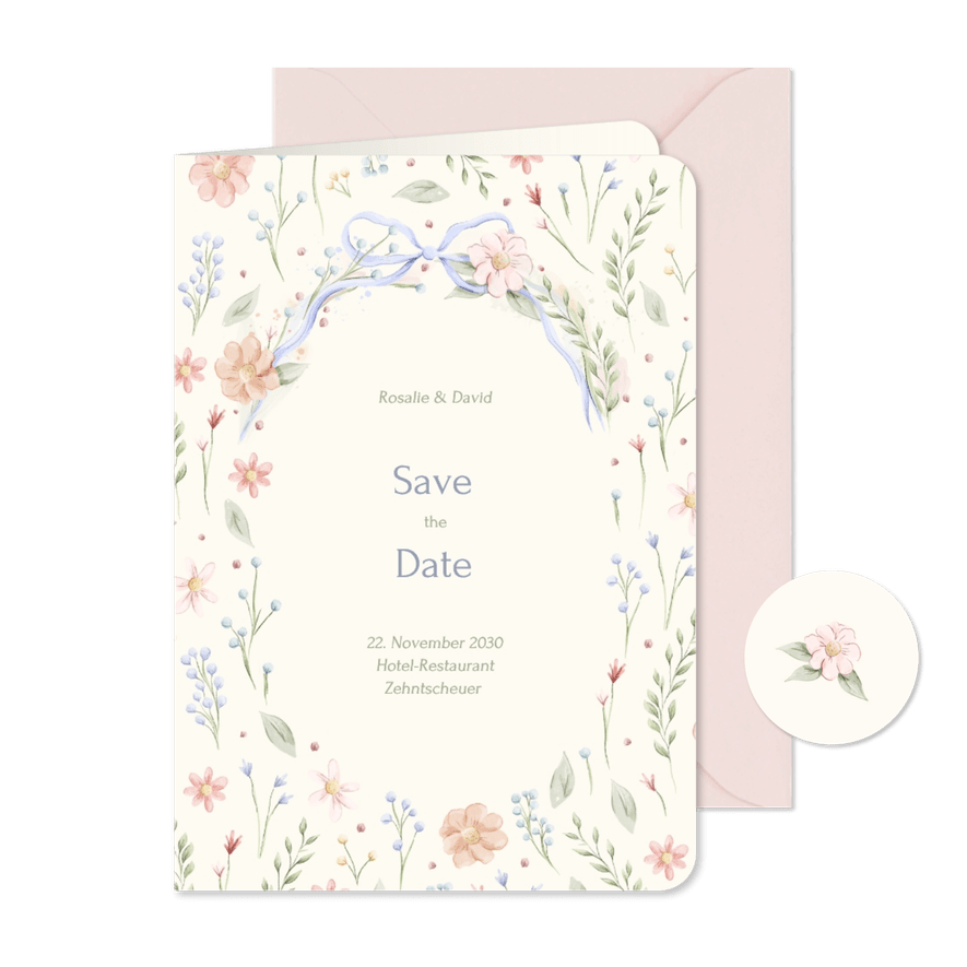 Save the Date Karte vintage Blumen und Schleife - Kartenvorschau