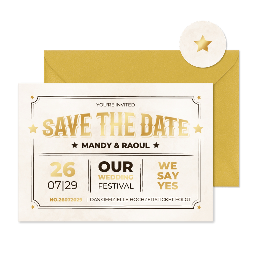 Save-the-Date-Karte Vintage-Ticket  - Karteneindruck
