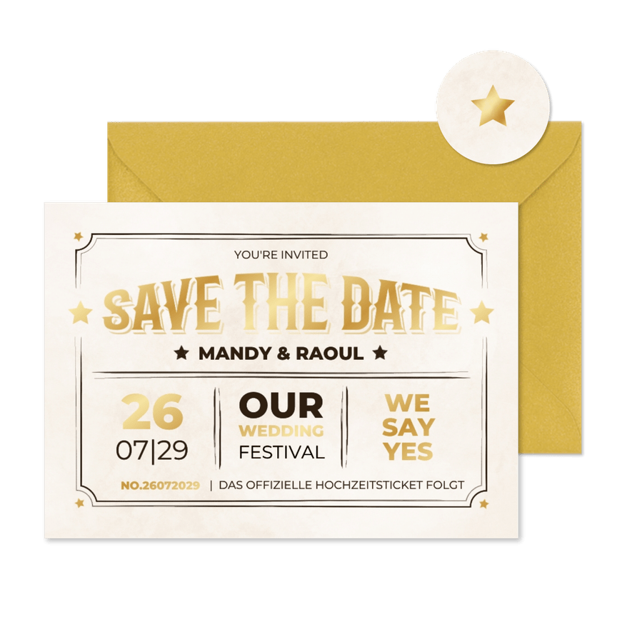 Save-the-Date-Karte Vintage-Ticket - Karteneindruck