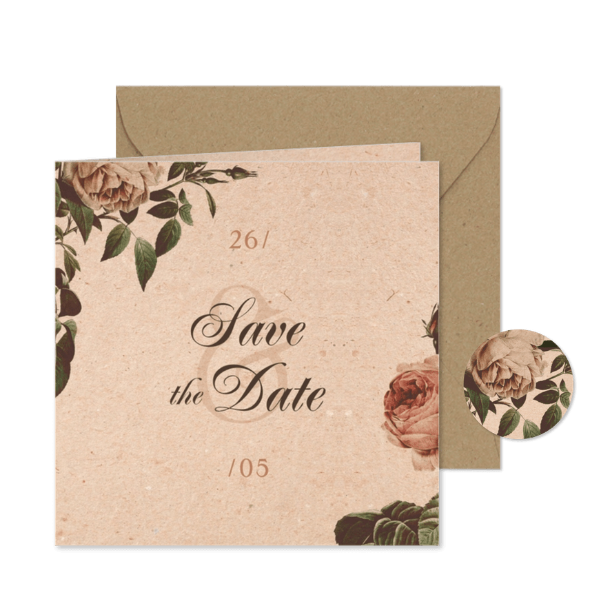 'Save the Date' Karte Vintagerosen auf Kraftpapier - Kartenvorschau
