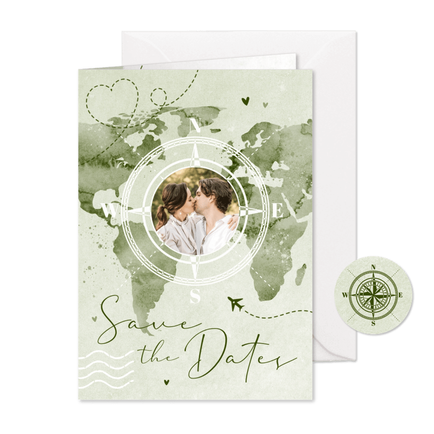 Save-the-Date-Karte Weltkarte & Foto - Karteneindruck
