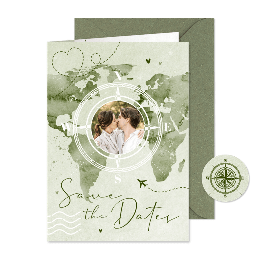 Save-the-Date-Karte Weltkarte & Foto - Karteneindruck
