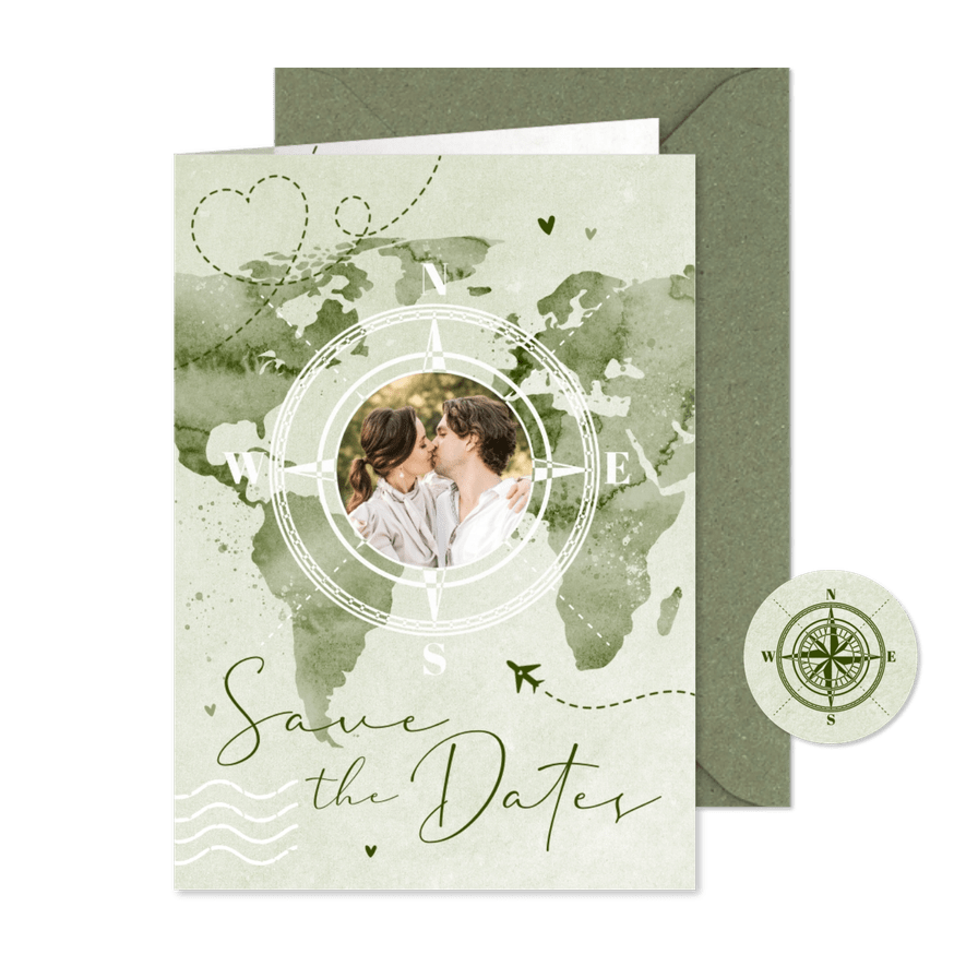 Save-the-Date-Karte Weltkarte & Foto - Karteneindruck