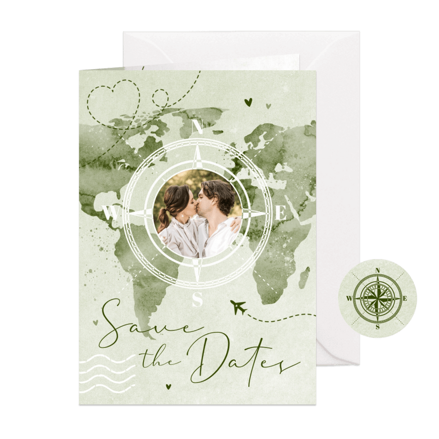 Save-the-Date-Karte Weltkarte & Foto - Karteneindruck
