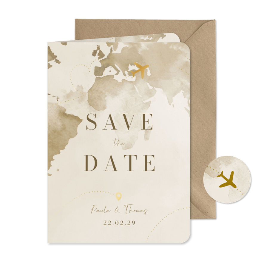 Save-the-Date-Karte Weltreise und Flugzeug mit Gold - Karteneindruck
