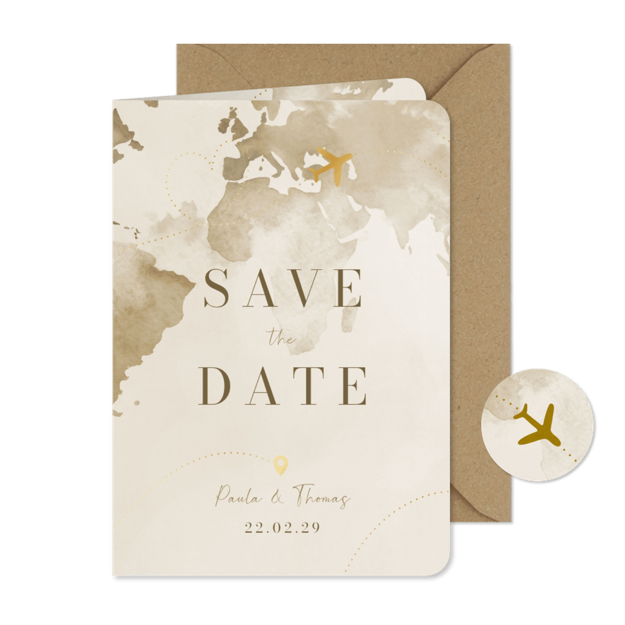 Save-the-Date-Karte Weltreise und Flugzeug mit Gold - Karteneindruck