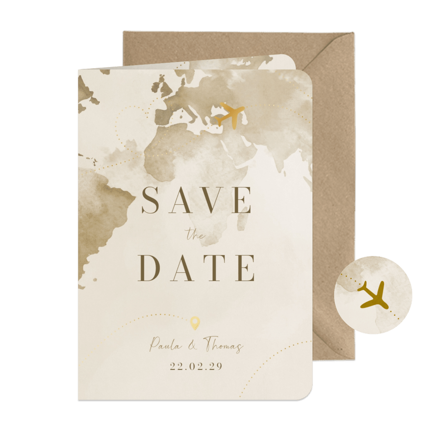 Save-the-Date-Karte Weltreise und Flugzeug mit Gold - Karteneindruck
