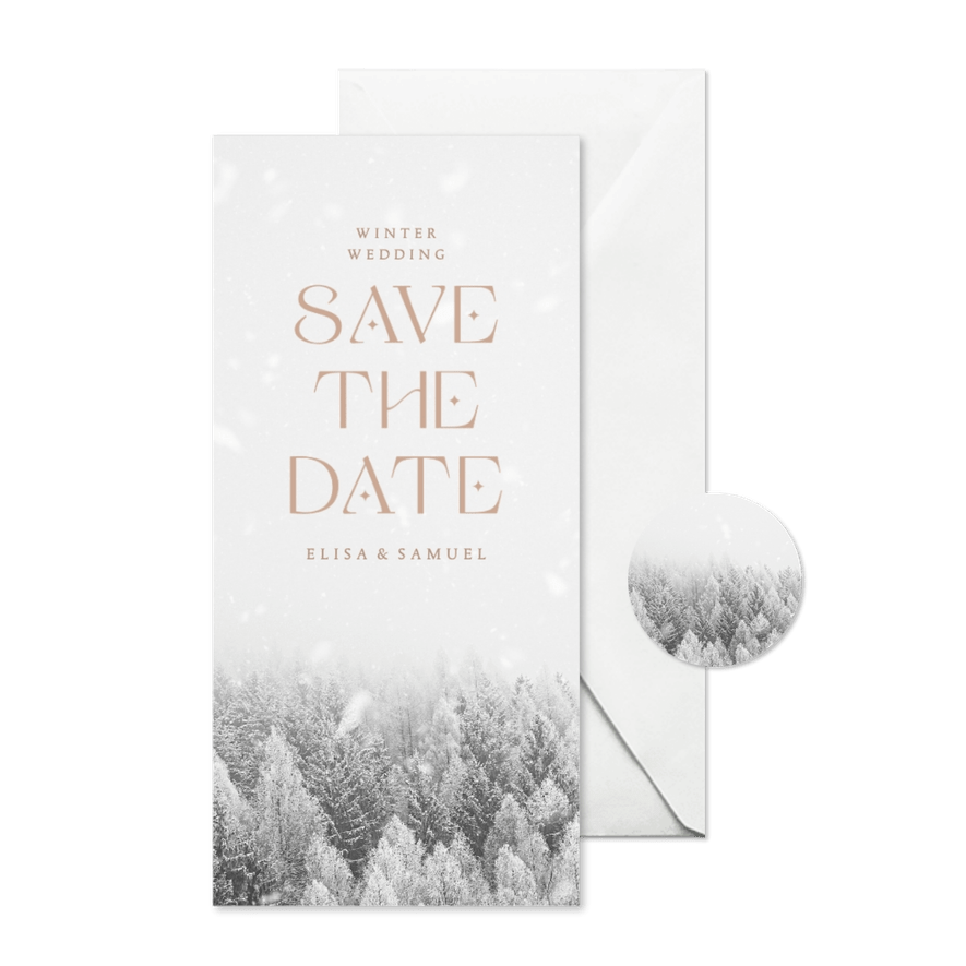 Save-the-Date-Karte Winterhochzeit Winterwald - Karteneindruck
