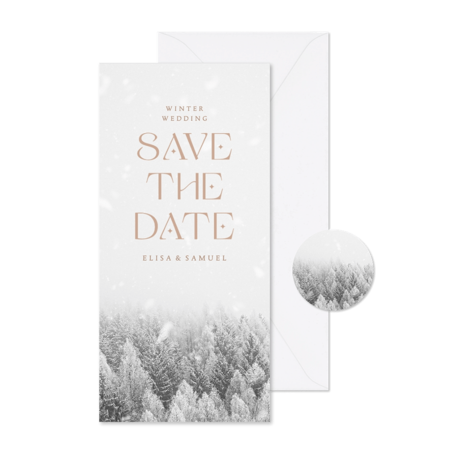 Save-the-Date-Karte Winterhochzeit Winterwald - Karteneindruck