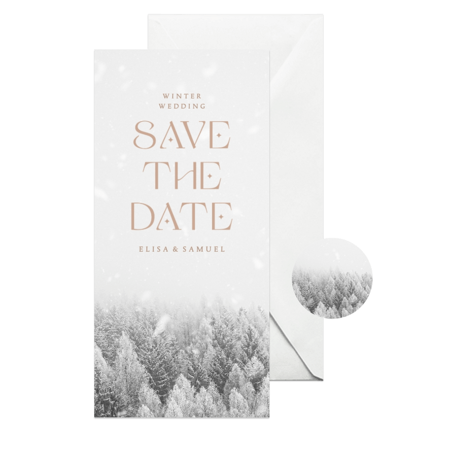 Save-the-Date-Karte Winterhochzeit Winterwald - Karteneindruck
