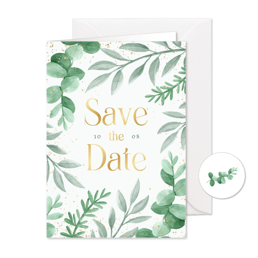 Save-the-Date-Karte zur Hochzeit Blattgrün & Text in Gold - Karteneindruck
