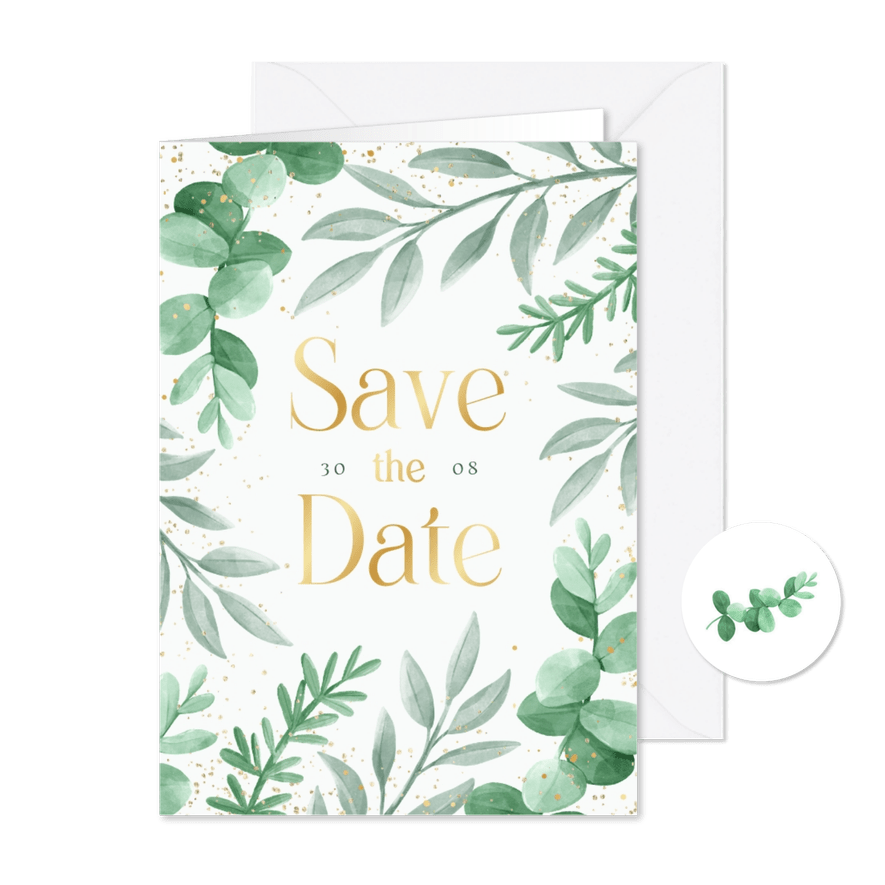 Save-the-Date-Karte zur Hochzeit Blattgrün & Text in Gold - Karteneindruck