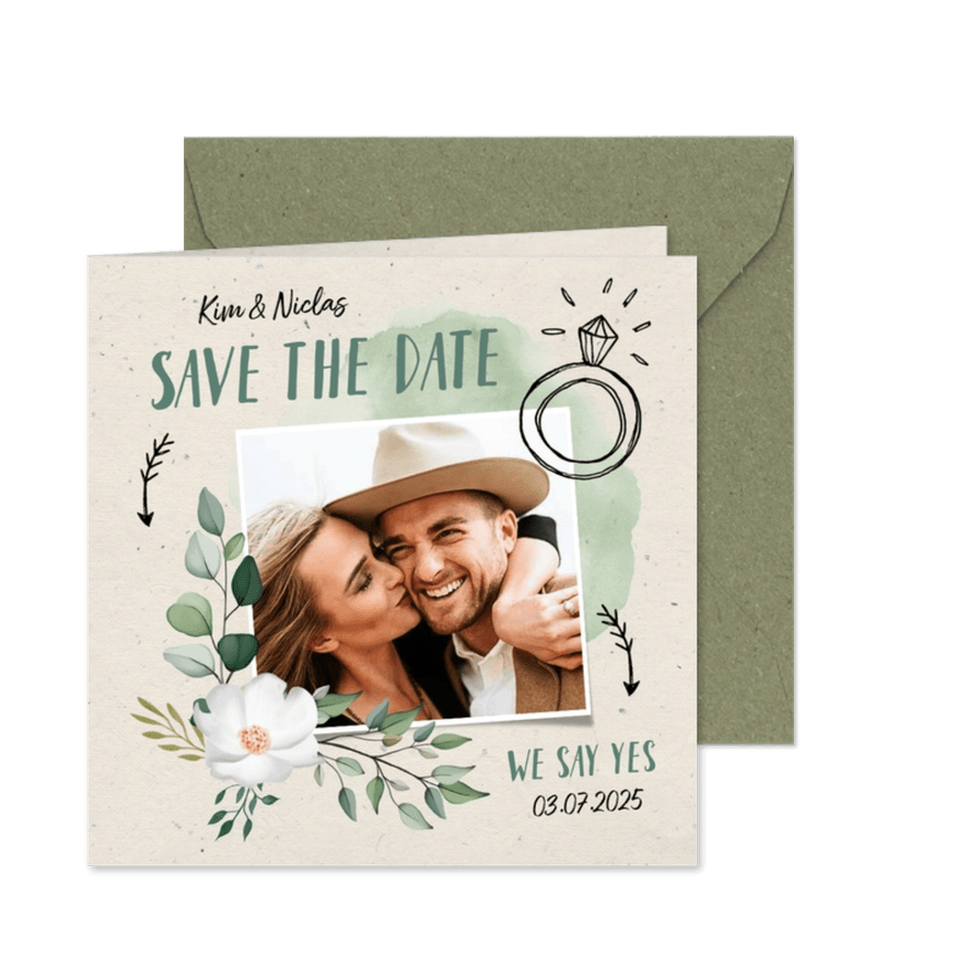Save-the-Date-Karte zur Hochzeit Blumen & Doodles mit Foto - Karteneindruck
