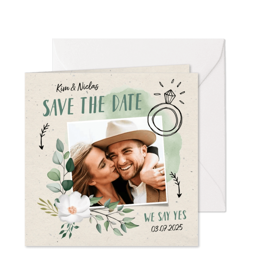 Save-the-Date-Karte zur Hochzeit Blumen & Doodles mit Foto - Karteneindruck
