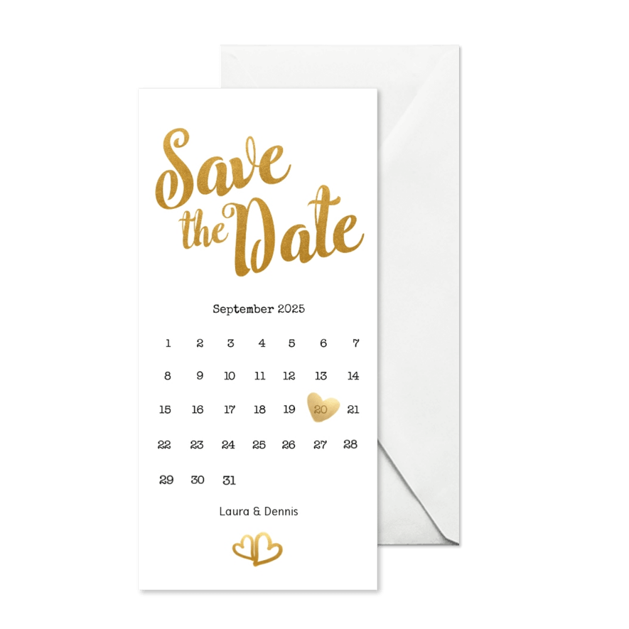 Save-the-Date-Karte zur Hochzeit Buchstaben in Goldlook - Karteneindruck
