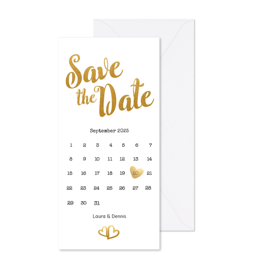 Save-the-Date-Karte zur Hochzeit Buchstaben in Goldlook - Karteneindruck