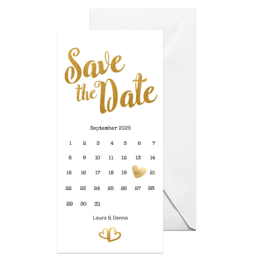 Save-the-Date-Karte zur Hochzeit Buchstaben in Goldlook - Karteneindruck
