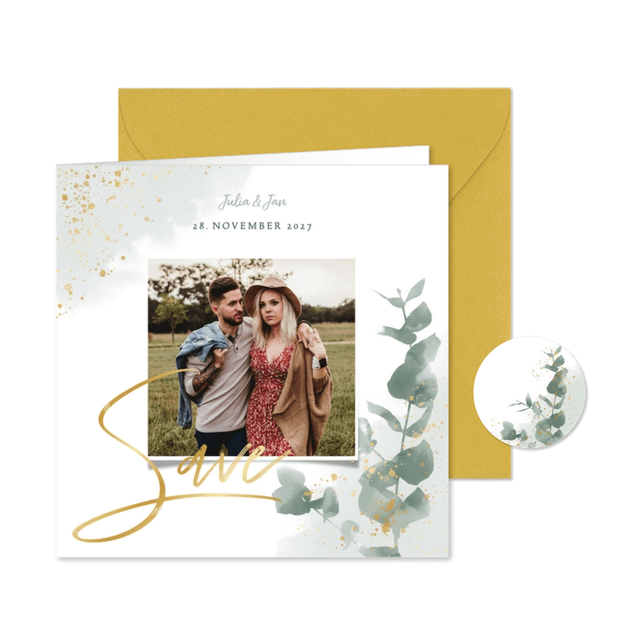 Save-the-Date-Karte zur Hochzeit Eukalyptus, Gold & Foto - Karteneindruck