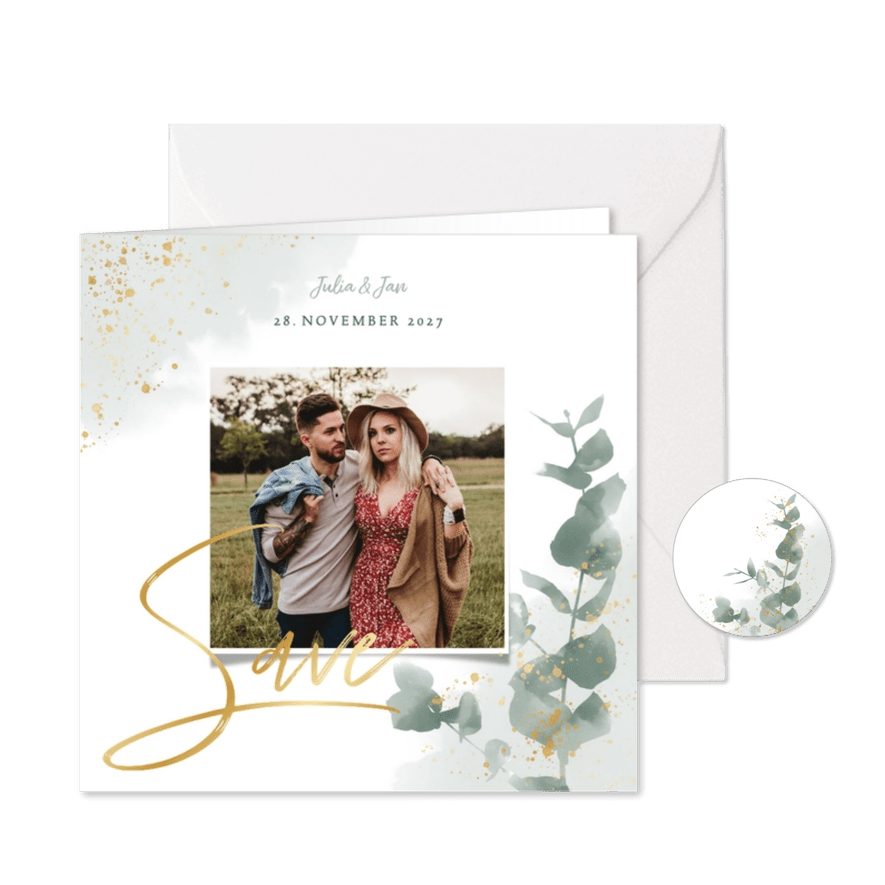 Save-the-Date-Karte zur Hochzeit Eukalyptus, Gold & Foto - Karteneindruck
