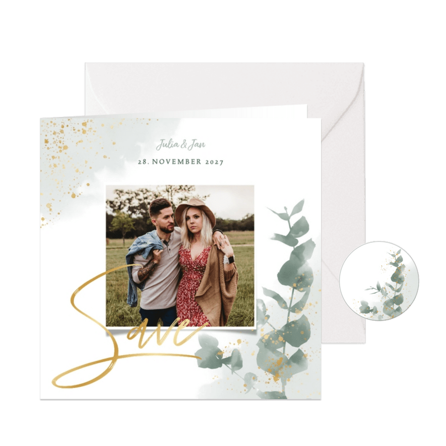 Save-the-Date-Karte zur Hochzeit Eukalyptus, Gold & Foto - Karteneindruck
