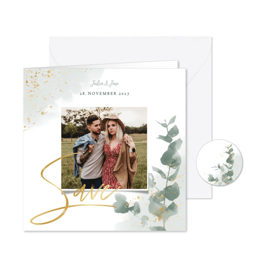 Save-the-Date-Karte zur Hochzeit Eukalyptus, Gold & Foto - Karteneindruck
