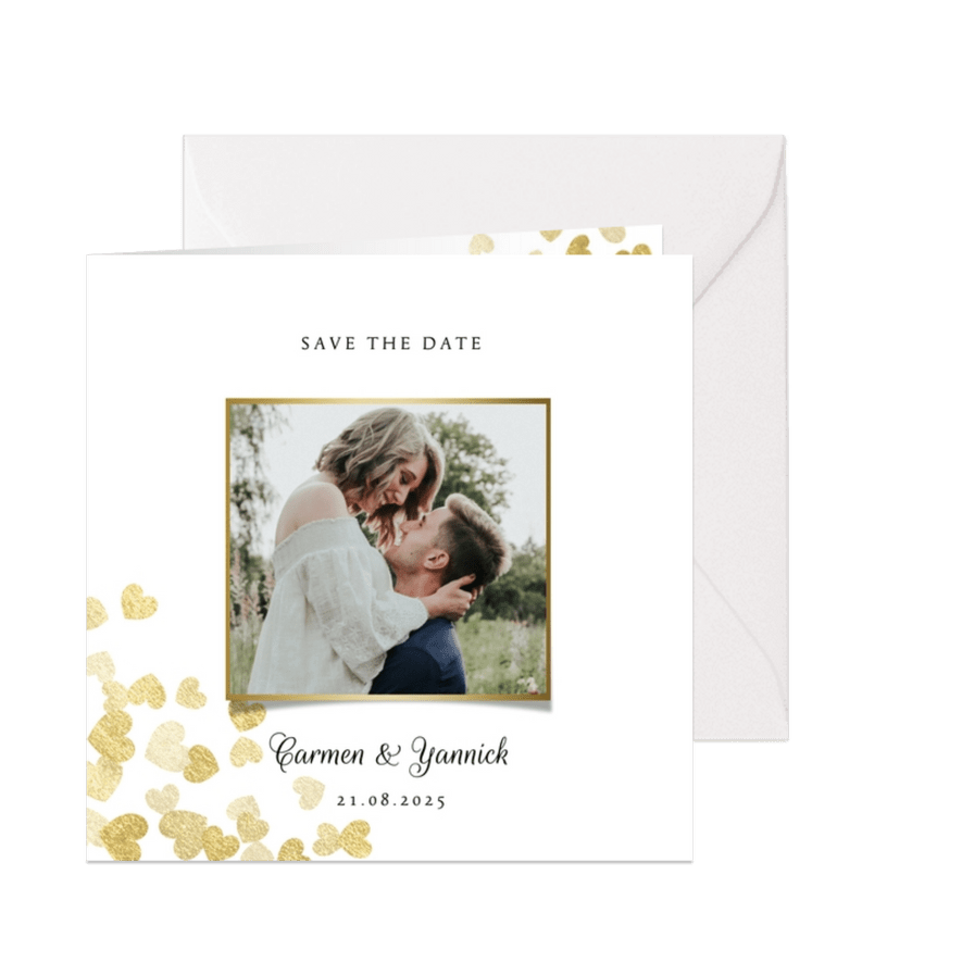 Save-the-Date-Karte zur Hochzeit Goldene Herzen - Karteneindruck
