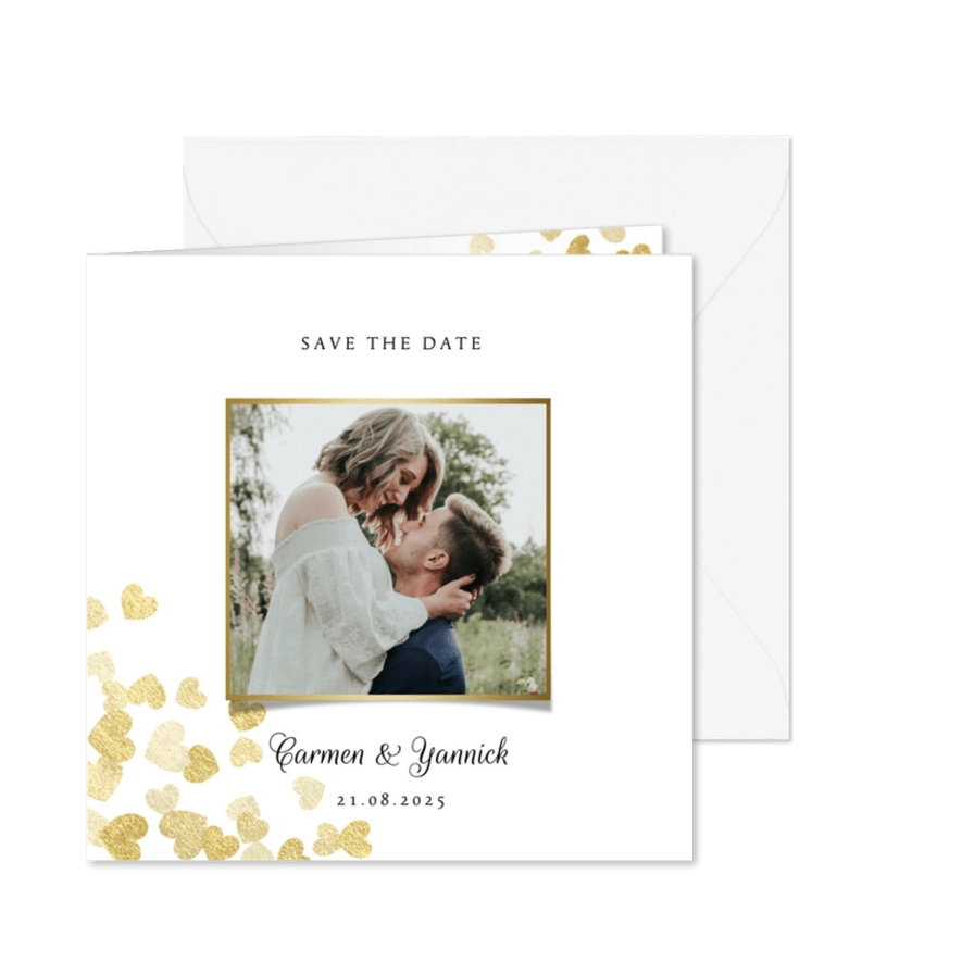 Save-the-Date-Karte zur Hochzeit Goldene Herzen - Karteneindruck