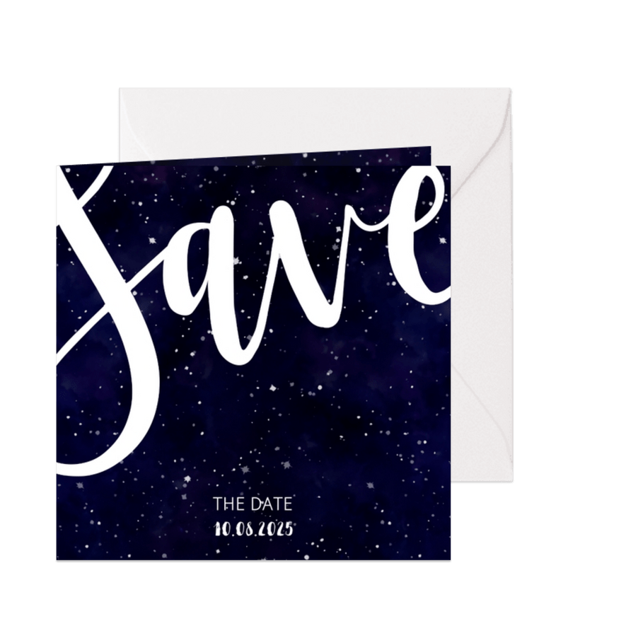 Save-the-Date-Karte zur Hochzeit im Galaxy Design - Karteneindruck
