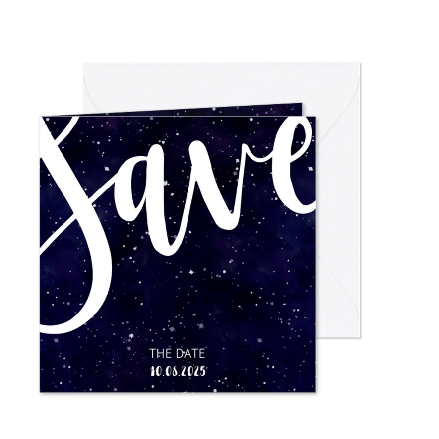 Save-the-Date-Karte zur Hochzeit im Galaxy Design - Karteneindruck